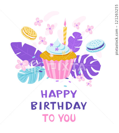 Happy Birthday Card with Cupcake, Macarons, and Flowers Happy Birthday Card with Cupcake, Macarons, and Flowers 121263255