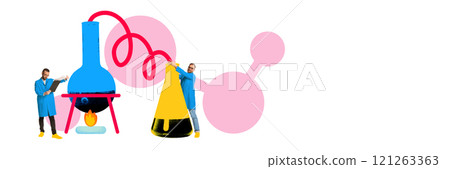 Two male scientists in blue coats working with flask and beaker with abstract pink molecular structures on background. Chemistry and medical research 121263363