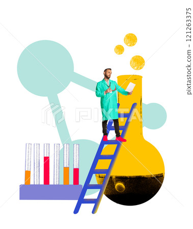 Male scientist in lab coat stands on ladder beside large flask. Test tubes and on background. Contemporary art collage. 121263375