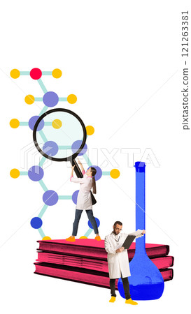 Female scientist using magnifying glass to examine abstract molecular structure. Man analyzing documents near large lab flask. Contemporary art collage. 121263381