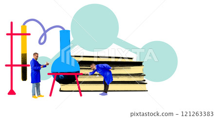 Two scientists in blue coats conducting research around oversized flask and large books with abstract green molecular shapes in background. Contemporary art collage. Two scientists in blue coats conducting research around oversized flask and large books with abstract green molecular shapes in background. Contemporary art collage. 121263383