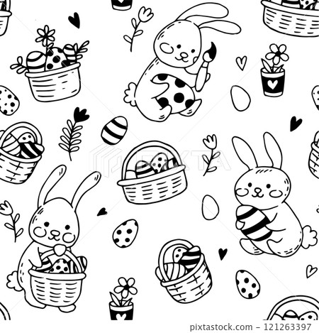 cute seamless pattern with easter eggs and flowers. simple print in doodle style. coloring book 121263397