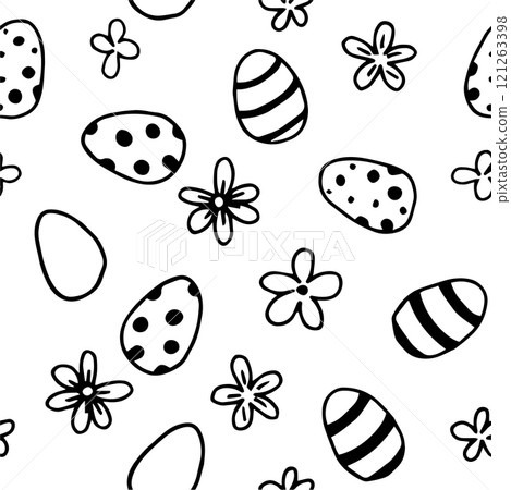cute seamless pattern with easter eggs and flowers. simple print in doodle style. coloring book 121263398