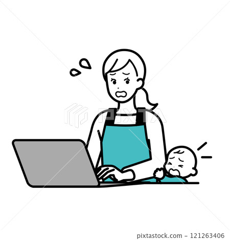 Illustration of a housewife who is troubled by her baby crying while using a computer 121263406