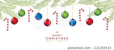 merry christmas greeting card banner with hanging candy cane decoration vector illustration 121263415