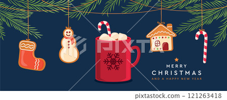 christmas card with hanging gingerbread cookies and cocoa drink vector illustration christmas card with hanging gingerbread cookies and cocoa drink vector illustration 121263418