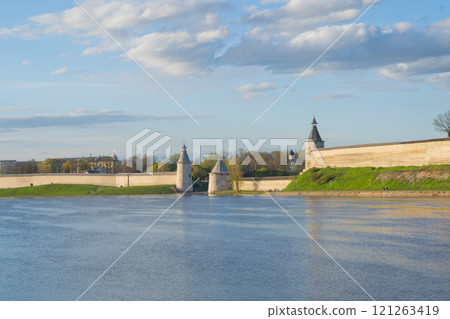 Pskov Kremlin, Krom and view of the Velikaya River. Towers and walls of Pskov Kremlin. Pskov Kremlin, Krom and view of the Velikaya River. Towers and walls of Pskov Kremlin. 121263419