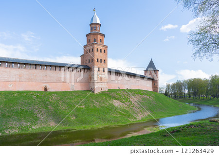 View of walls of the Kremlin, Detinets, Kokouy Tower, Knyazhaya Tower. Veliky Novgorod.  121263429