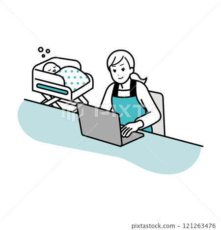 Illustration of a housewife operating a computer 121263476
