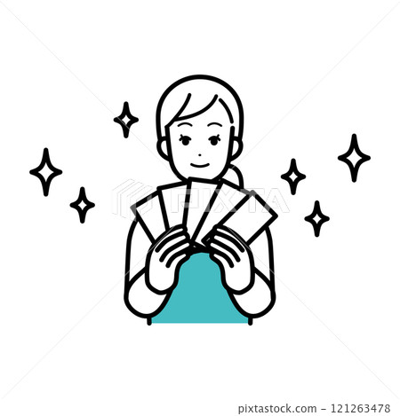 Illustration of a smiling housewife earning money Illustration of a smiling housewife earning money 121263478