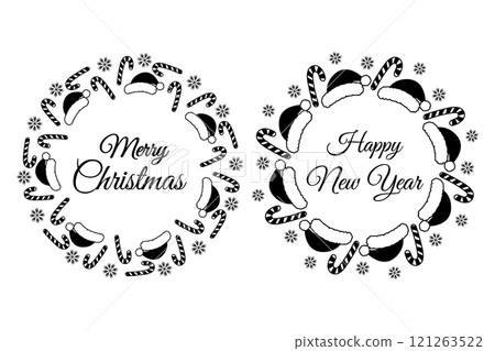 Santa caps, Candy Cane and snowflakes Circle Frame with Merry Christmas and Happy New Year lettering Santa caps, Candy Cane and snowflakes Circle Frame with Merry Christmas and Happy New Year lettering 121263522