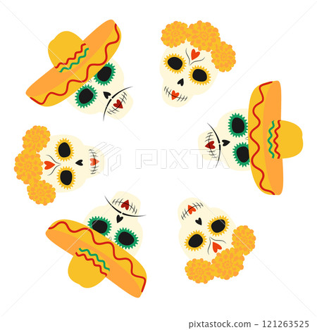 Painted Skulls in sombrero with mustache and marigolds wreath Circle Frame Day of the dead template Painted Skulls in sombrero with mustache and marigolds wreath Circle Frame Day of the dead template 121263525