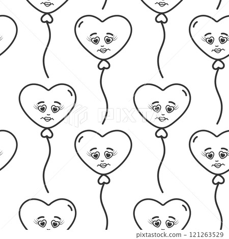 Outline Heart shaped balloons on rope with drawn smiley Black and white Seamless Pattern Background Outline Heart shaped balloons on rope with drawn smiley Black and white Seamless Pattern Background 121263529