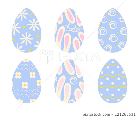 Easter eggs decorated different hand drawn patterns flowers, dots, wave lines and lettering Set 6 Easter eggs decorated different hand drawn patterns flowers, dots, wave lines and lettering Set 6 121263531