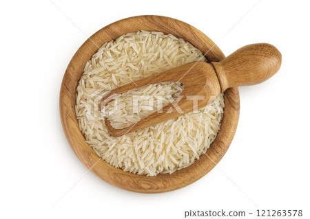 rice basmati in a wooden bowl isolated on white background. Top view. Flat lay rice basmati in a wooden bowl isolated on white background. Top view. Flat lay 121263578