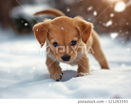 small puppy enjoing snow 121263593