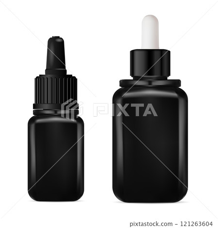 Black glass cosmetic serum dropper bottle set. Pipette jar 121263604
