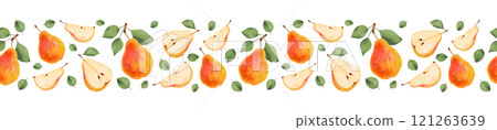 Half, whole, yellow pear slices with leaves. Fruit seamless border. Marker and watercolor illustration. Hand drawn isolated art. Horizontal banner or frame for farmer market design, packaging. Half, whole, yellow pear slices with leaves. Fruit seamless border. Marker and watercolor illustration. Hand drawn isolated art. Horizontal banner or frame for farmer market design, packaging. 121263639