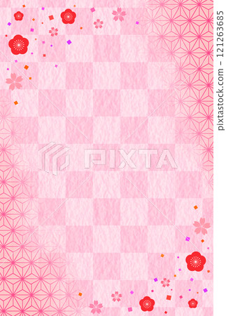 Plum and cherry blossoms, pink Japanese-style frame background, vertical 121263685