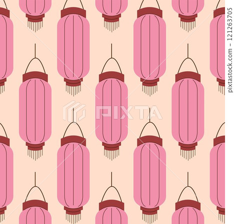 Seamless pattern of pink Chinese lantern on beige background in flat style. Ideal for cultural design, festive textile and decorative project. Seamless pattern of pink Chinese lantern on beige background in flat style. Ideal for cultural design, festive textile and decorative project. 121263705