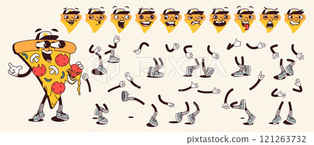 Pizza piece cartoon character with groovy comic faces set. Funny mascot with bundle of love, playful, wow, sad, fear, angry and other facial emotions, legs poses, hands gestures. Vector illustration. 121263732