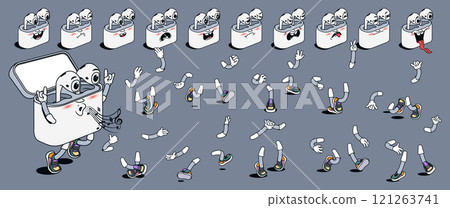 Headphones cartoon character with groovy comic faces set. Funny earphones mascot with bundle of whistle, happy, angry, sad and other facial emotions, legs poses, hands gestures. Vector illustration. Headphones cartoon character with groovy comic faces set. Funny earphones mascot with bundle of whistle, happy, angry, sad and other facial emotions, legs poses, hands gestures. Vector illustration. 121263741