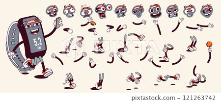 Fitness bracelet cartoon character with groovy comic faces set. Funny mascot with bundle of smile, happy, cheerful, tired and other facial emotions, legs poses, hands gestures. Vector illustration. Fitness bracelet cartoon character with groovy comic faces set. Funny mascot with bundle of smile, happy, cheerful, tired and other facial emotions, legs poses, hands gestures. Vector illustration. 121263742