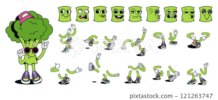 Broccoli cartoon character with groovy comic faces set. Funny green vegetable mascot with bundle of happy, smile, sad, angry and other facial emotions, legs poses, hands gestures. Vector illustration. 121263747