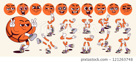 Basketball ball cartoon character with groovy comic faces set. Funny mascot with bundle of happy, smile, angry and other facial emotions, jump and walk legs poses, hands gestures. Vector illustration. 121263748