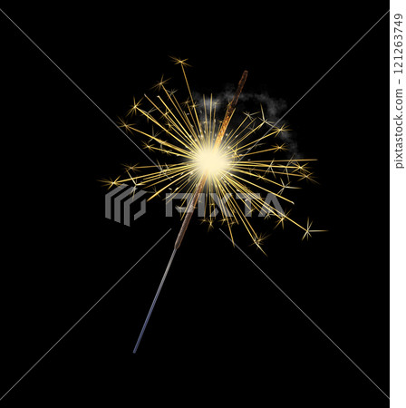 Burning sparkler realistic transparent, bengal or indian light, Bright sparks. Firework isolated. Element for celebration, holidays. New year sparkler candle. Magic light stick. Png 121263749