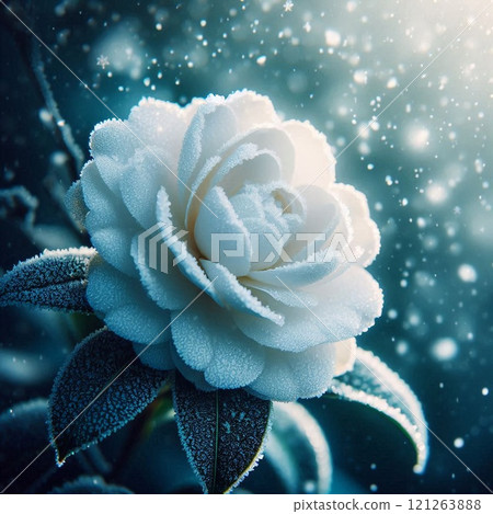 霜雪覆蓋的白色山茶花和雪的寂靜 霜雪覆蓋的白色山茶花和雪的寂靜 121263888