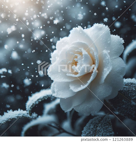 霜雪覆蓋的白色山茶花和雪的寂靜 霜雪覆蓋的白色山茶花和雪的寂靜 121263889