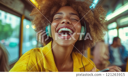 Cheerful commuter singing while listening music on headphones in a bus. High quality illustration 121263915