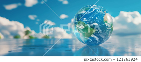 Earth floating above a reflective surface under a bright blue sky with soft clouds, symbolizing environmental harmony, sustainability, and global unity. 121263924