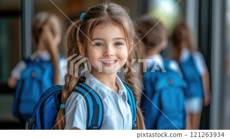 Happy school kids greeting their teacher while entering in classroom. High quality illustration 121263934