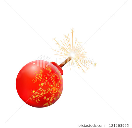 Red Christmas ball realistic bomb with burning fuse. Bauble, Xmas glass colorful decoration isolated. Emitting sparks, ready for explode. Transparent Png. Red Christmas ball realistic bomb with burning fuse. Bauble, Xmas glass colorful decoration isolated. Emitting sparks, ready for explode. Transparent Png. 121263935