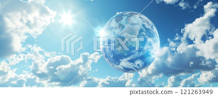 Earth enclosed in a transparent sphere floating in a vivid blue sky with soft white clouds and radiant sunlight, symbolizing environmental conservation, global harmony, and protection Earth enclosed in a transparent sphere floating in a vivid blue sky with soft white clouds and radiant sunlight, symbolizing environmental conservation, global harmony, and protection 121263949