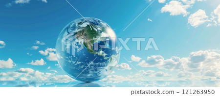 Earth surrounded by clouds reflected on a shiny surface under a bright blue sky, symbolizing global unity, environmental awareness, and sustainability. 121263950