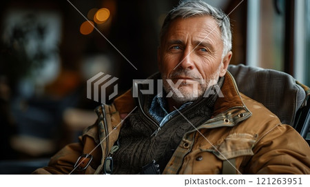 Elderly man with gray hair wearing warm clothing indoors Elderly man with gray hair wearing warm clothing indoors 121263951