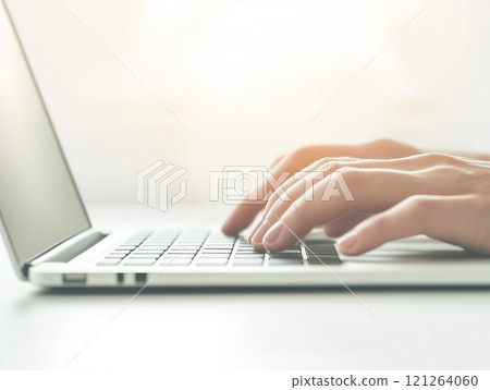 A woman typing on a laptop computer 121264060