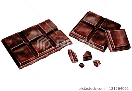 Chocolate bar watercolor set. Hand drawn slice of dark chocolate bar on isolated white background. Clip art of sweet dessert. Ideal for logo and packaging of sweets, coffee shop menu and recipes 121264061
