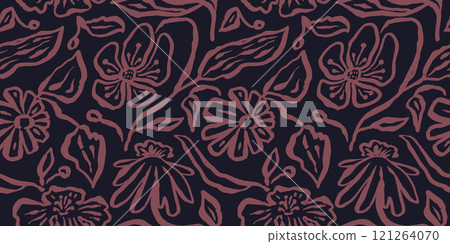 Monochrome black and burgundy brush strokes inky flowers seamless pattern Monochrome black and burgundy brush strokes inky flowers seamless pattern 121264070