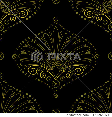 Seamless pattern with golden anthemion floral motifs on a black background Seamless pattern with golden anthemion floral motifs on a black background 121264071