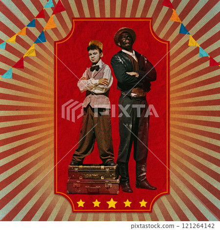 Circus-themed design with two performers, child and adult, standing on stacked vintage suitcases against bold red retro carnival backdrop. Circus-themed design with two performers, child and adult, standing on stacked vintage suitcases against bold red retro carnival backdrop. 121264142