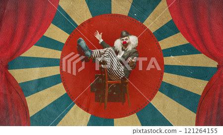 Retro circus-themed design with clown sitting on chair against red circular backdrop. Classic theatrical vibe. Contemporary art collage. Retro circus-themed design with clown sitting on chair against red circular backdrop. Classic theatrical vibe. Contemporary art collage. 121264155