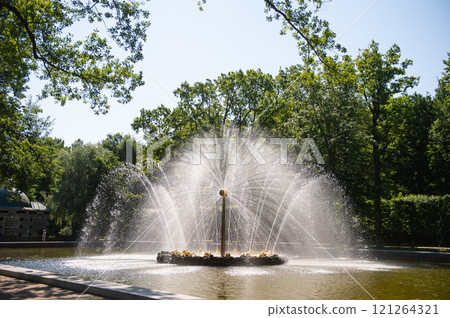 Fountain with water jets in a park on a sunny day. 121264321