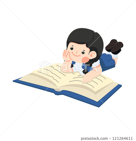 kid girl laying down  reading a book 121264611