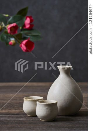 Japanese sake image: Sake bottle and sake cup set Japanese sake image: Sake bottle and sake cup set 121264674