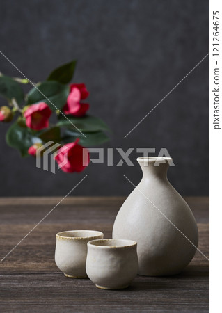 Japanese sake image: Sake bottle and sake cup set Japanese sake image: Sake bottle and sake cup set 121264675