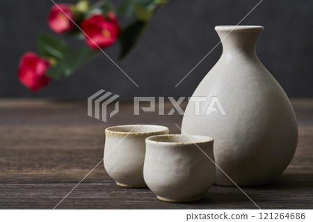 Japanese sake image: Sake bottle and sake cup set Japanese sake image: Sake bottle and sake cup set 121264686